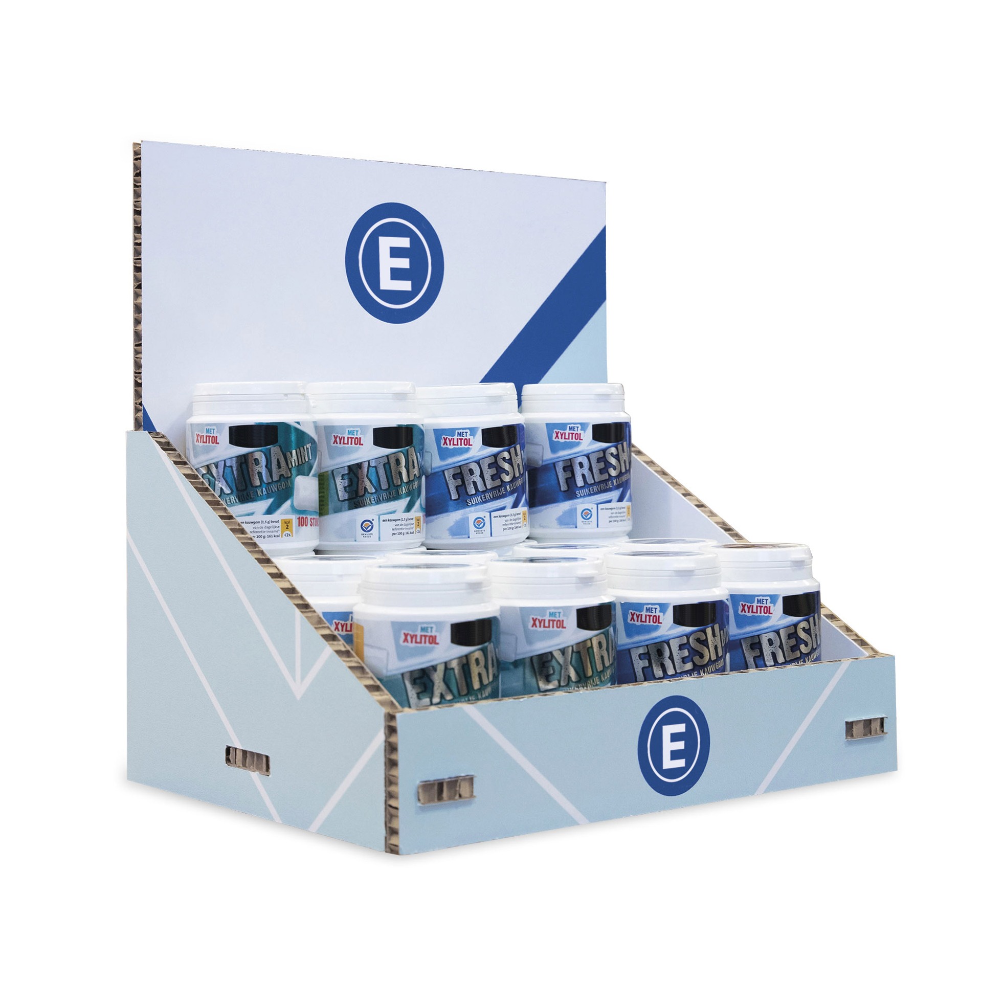 POS-Display mit mehreren Dosen des Produkts "FRESH" und "EXTRA" in einem stabilen Kartonständer, gestaltet in Blau und Weiß.