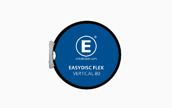 Werbedisplay Easydisc Befestigung Vertical 80 Standard von ENTDECKER, runde Form, blaue Oberfläche mit Logo.
