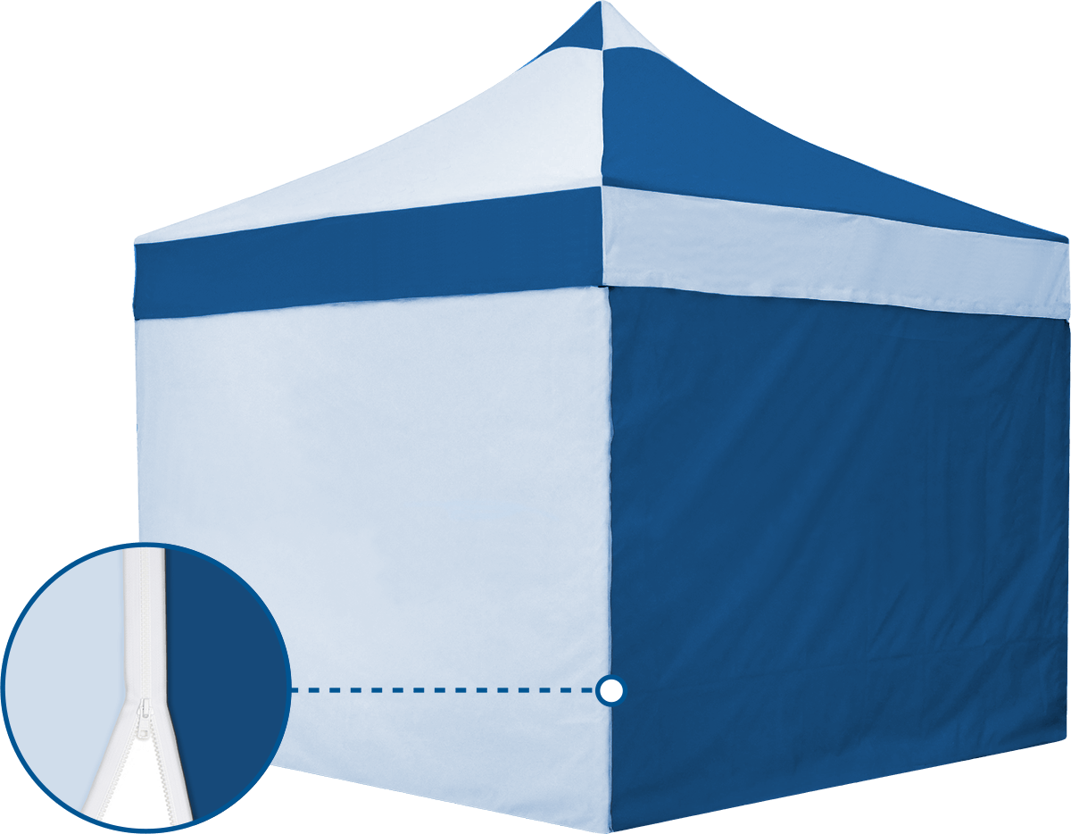 Das Produkt 'Mt Premium 3X3' ist ein wind- und wasserdichter Reißverschluss für ein blau-weißes Zelt.