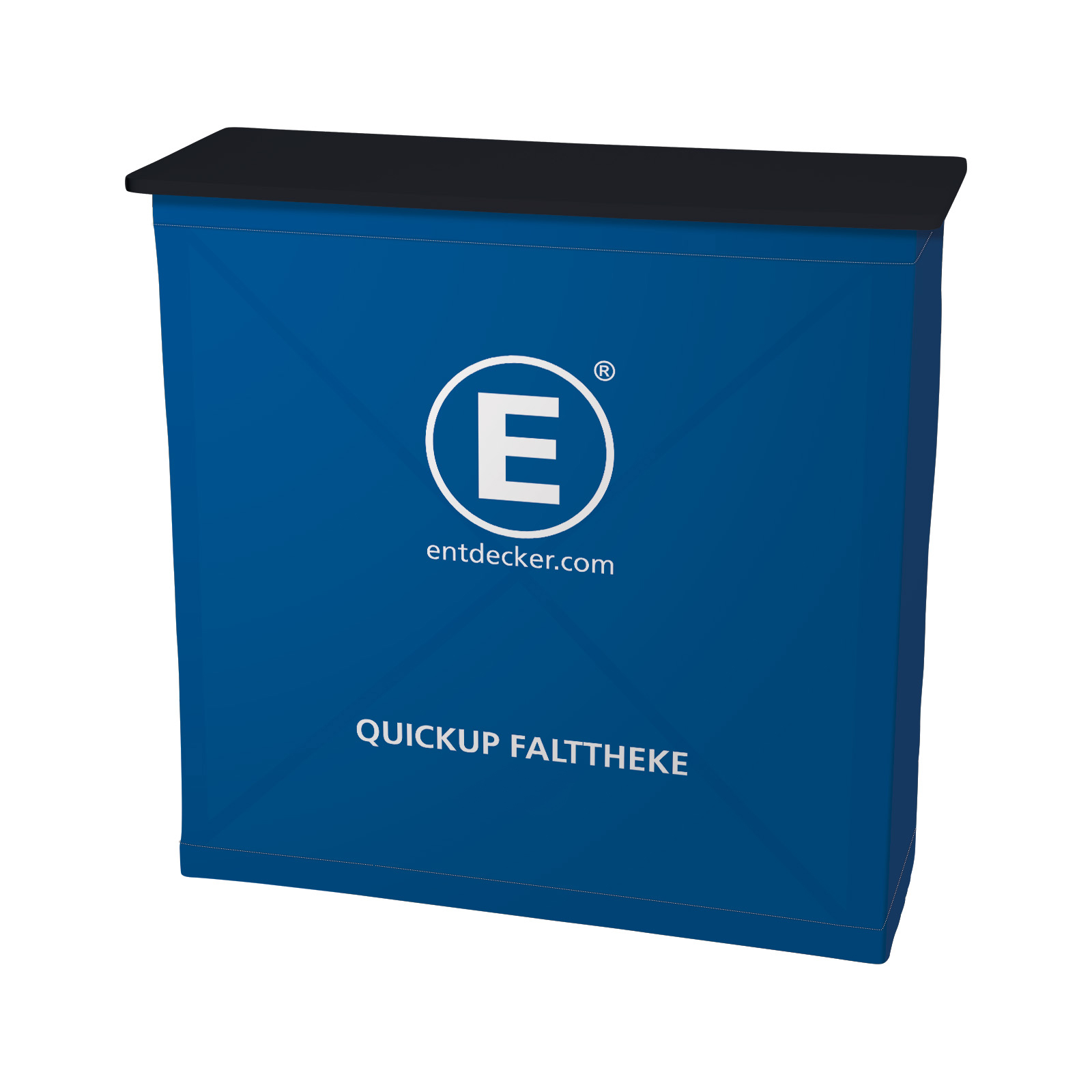 Faltbare Theke in Blau mit schwarzer Oberseite und dem Logo von ENTDECKER sowie der Aufschrift QUICKUP FALTHTHEKE.
