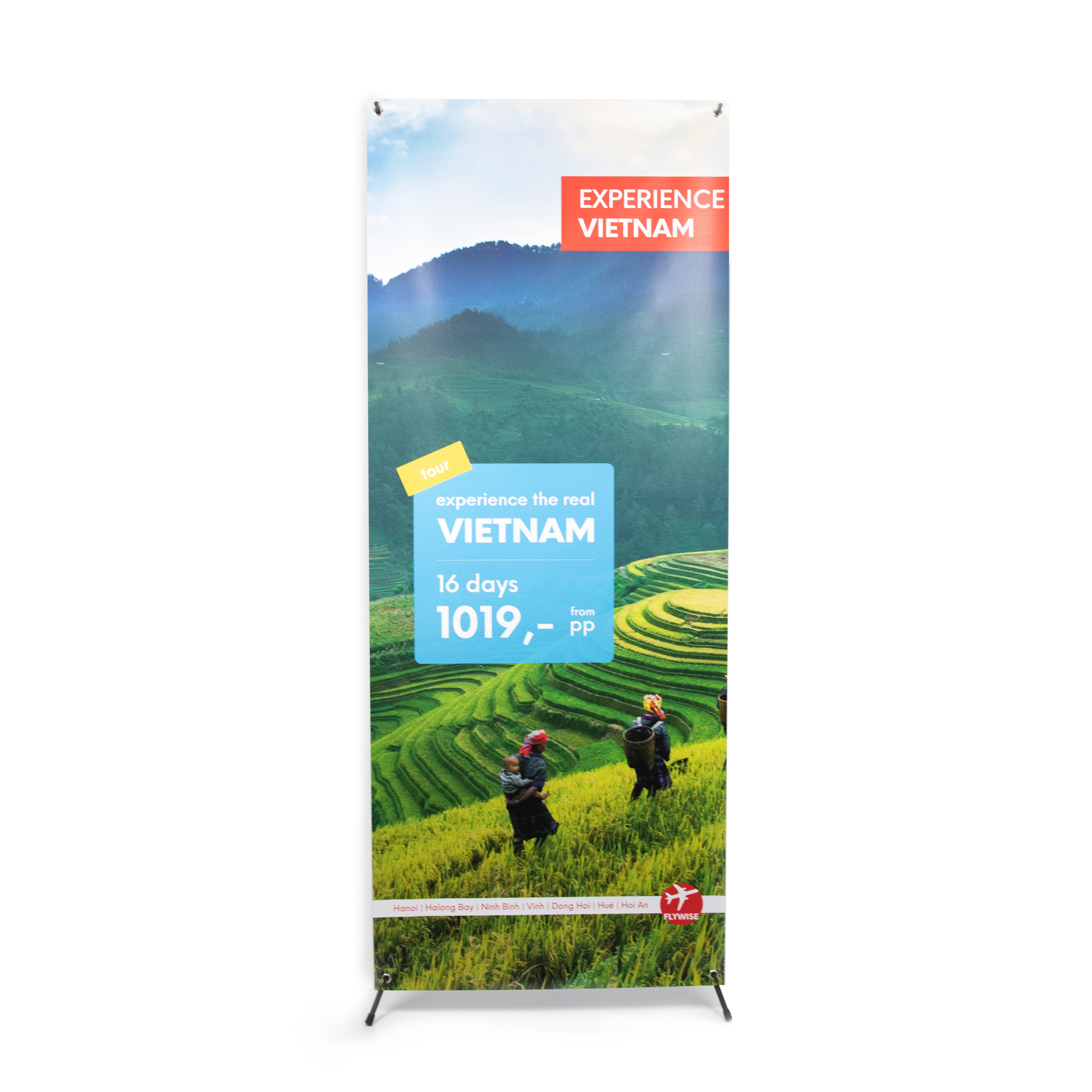 X Banner mit Landschaftsbild von Reisfeldern in Vietnam und Text Experience Vietnam 16 days 1019,-