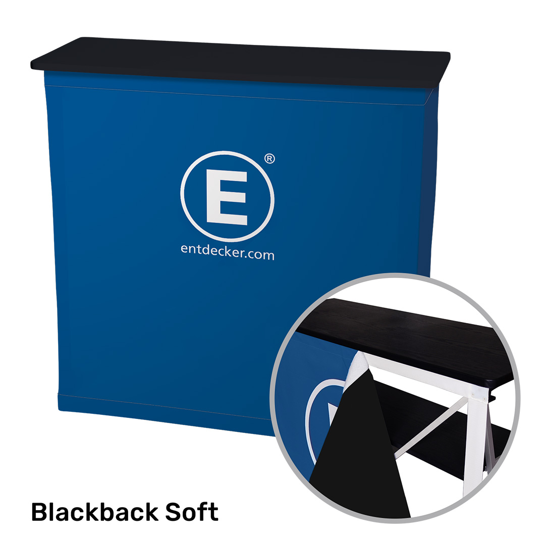 Falttheke Quickup Blockout in Blau mit schwarzer Oberseite, Marke ENTDECKER, zeigt den Text 'Blackback Soft'.
