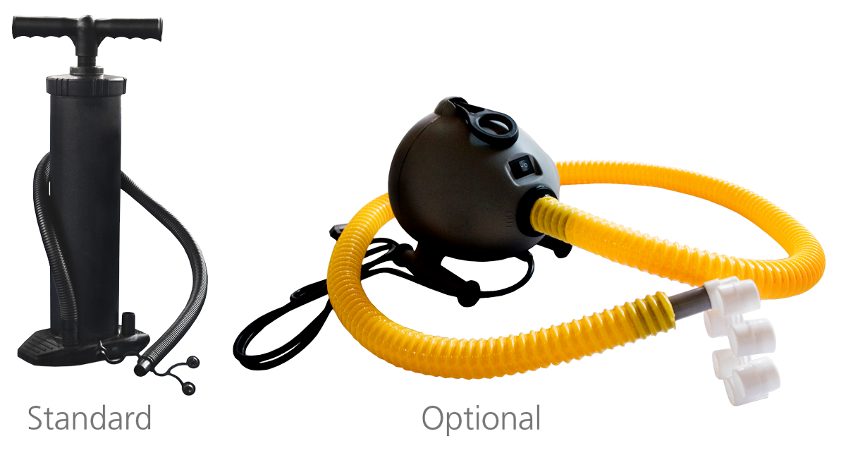 Vento Pumpen: Standardpumpe links mit Handgriff und optionaler elektrischer Pumpe rechts mit gelbem Schlauch.