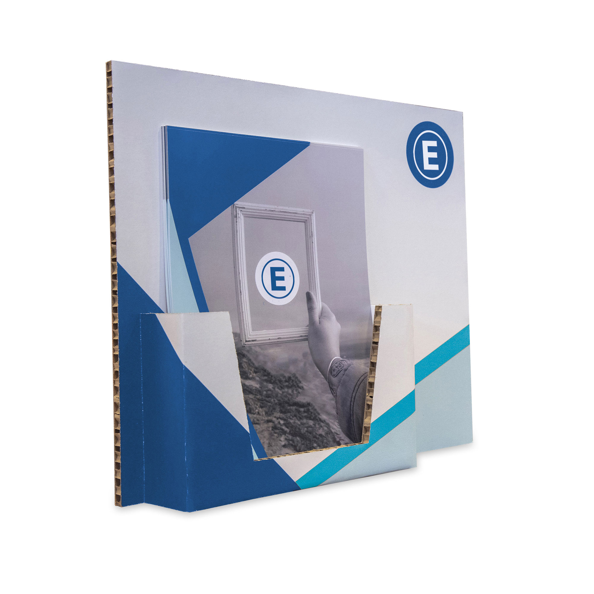 POS Display bedruckt von ENTDECKER mit einer Halterung für Broschüren und einem grafischen Design in Blau und Weiß.