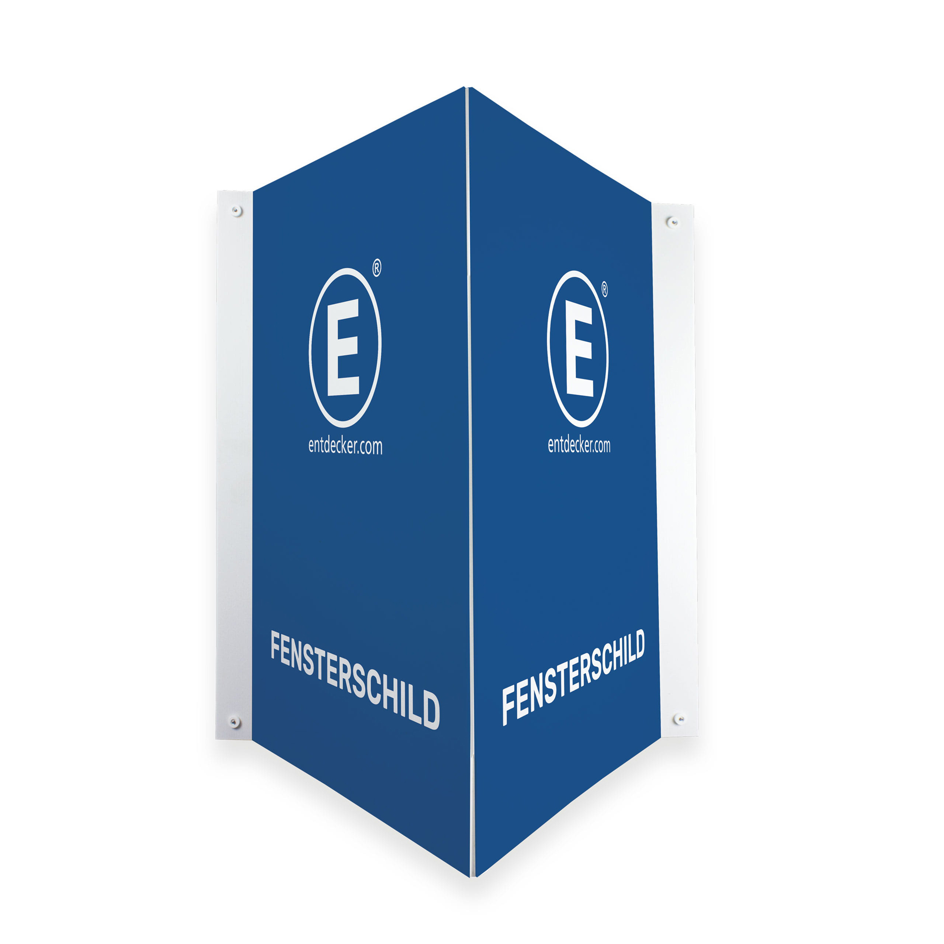 Blaues Fensterschild mit dem Text FENSTERSCHILD und dem Logo von ENTDECKER.