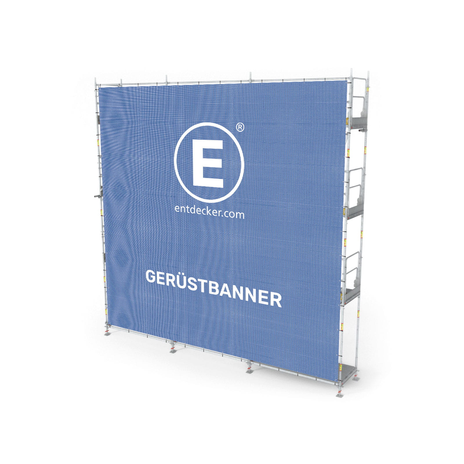 Gerüstbanner von ENTDECKER mit blauem Hintergrund und weißem Text GERÜSTBANNER sowie dem Logo E