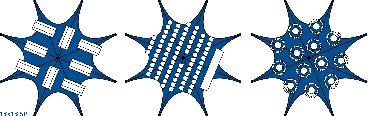 Diagramm des Sternzelts Jh Static 13X13 SP mit verschiedenen Bestuhlungsvarianten.