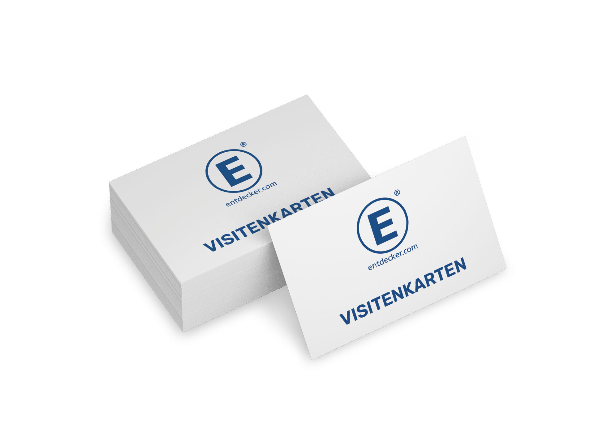 Gestapelte Visitenkarten mit dem Text VISITENKARTEN und dem Logo von ENTDECKER.