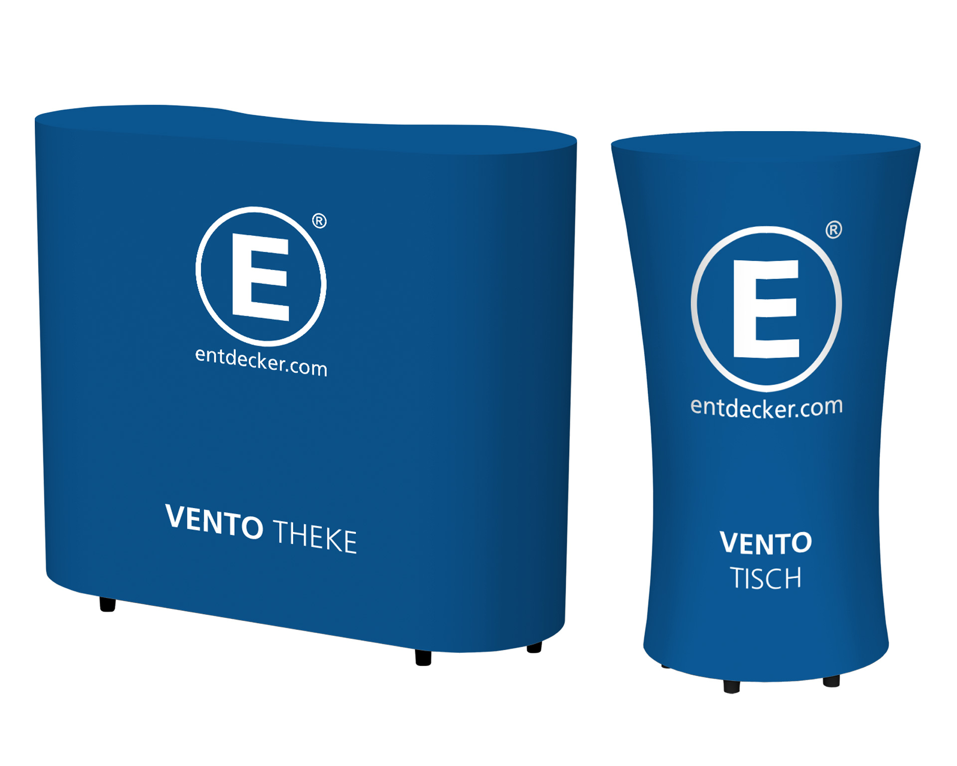 Aufblasbare Theke und Tisch Vento in Blau mit dem Logo von ENTDECKER.