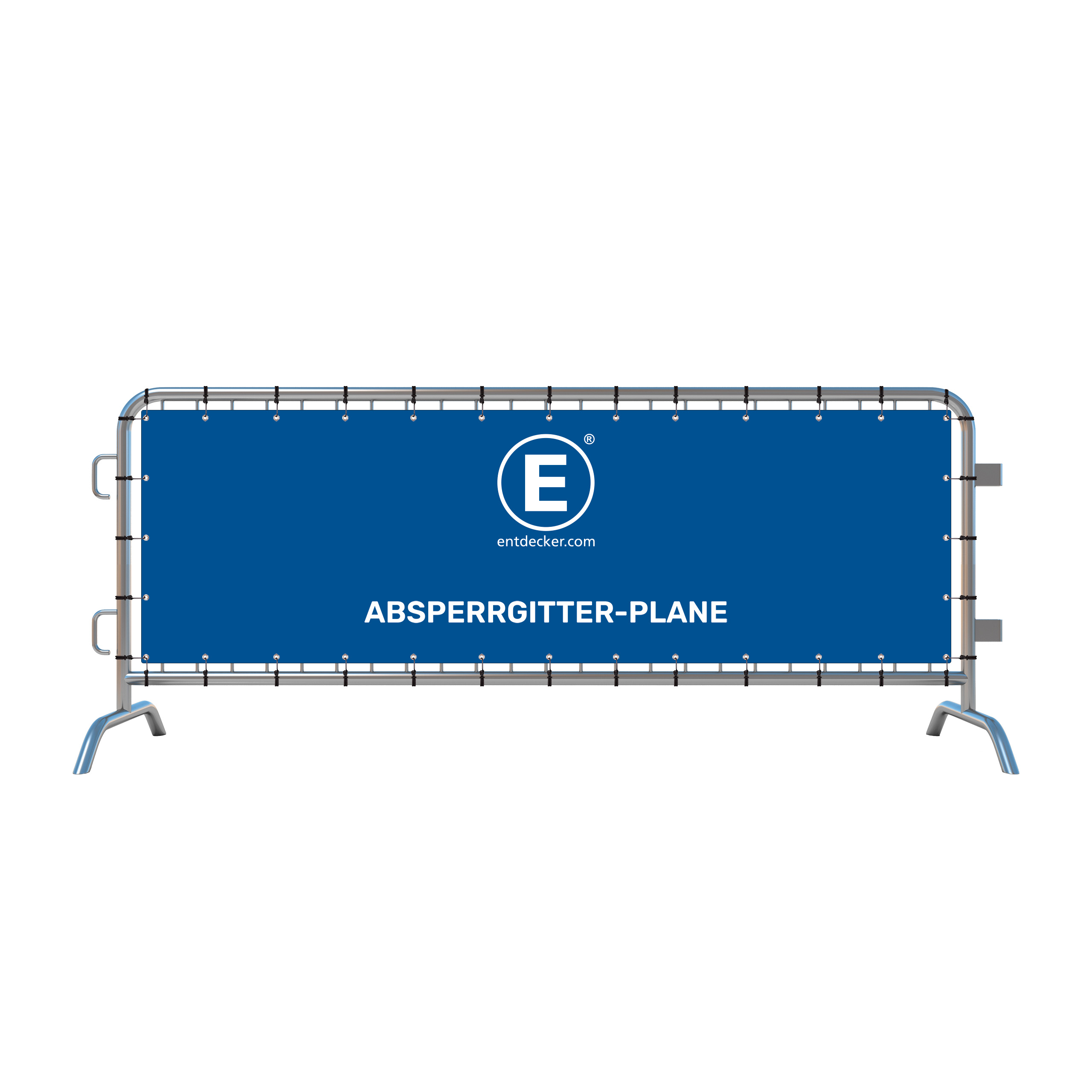 Absperrgitter aus Stoff in Blau mit dem Aufdruck ABSPERRGITTER-PLANE und dem Logo von ENTDECKER.