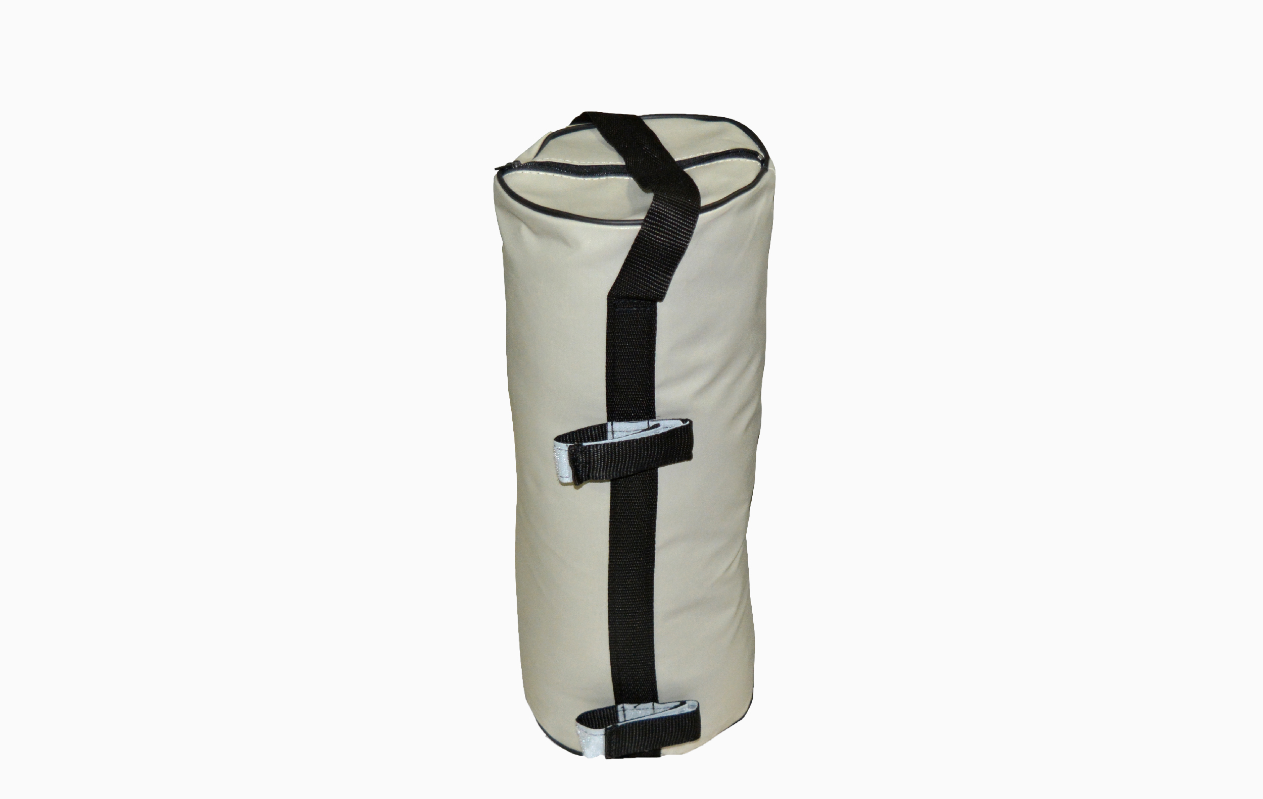 Faltzelt Zubehör Gewicht Sand 16Kg, beige, zylindrische Form mit schwarzen Gurten zur Befestigung.