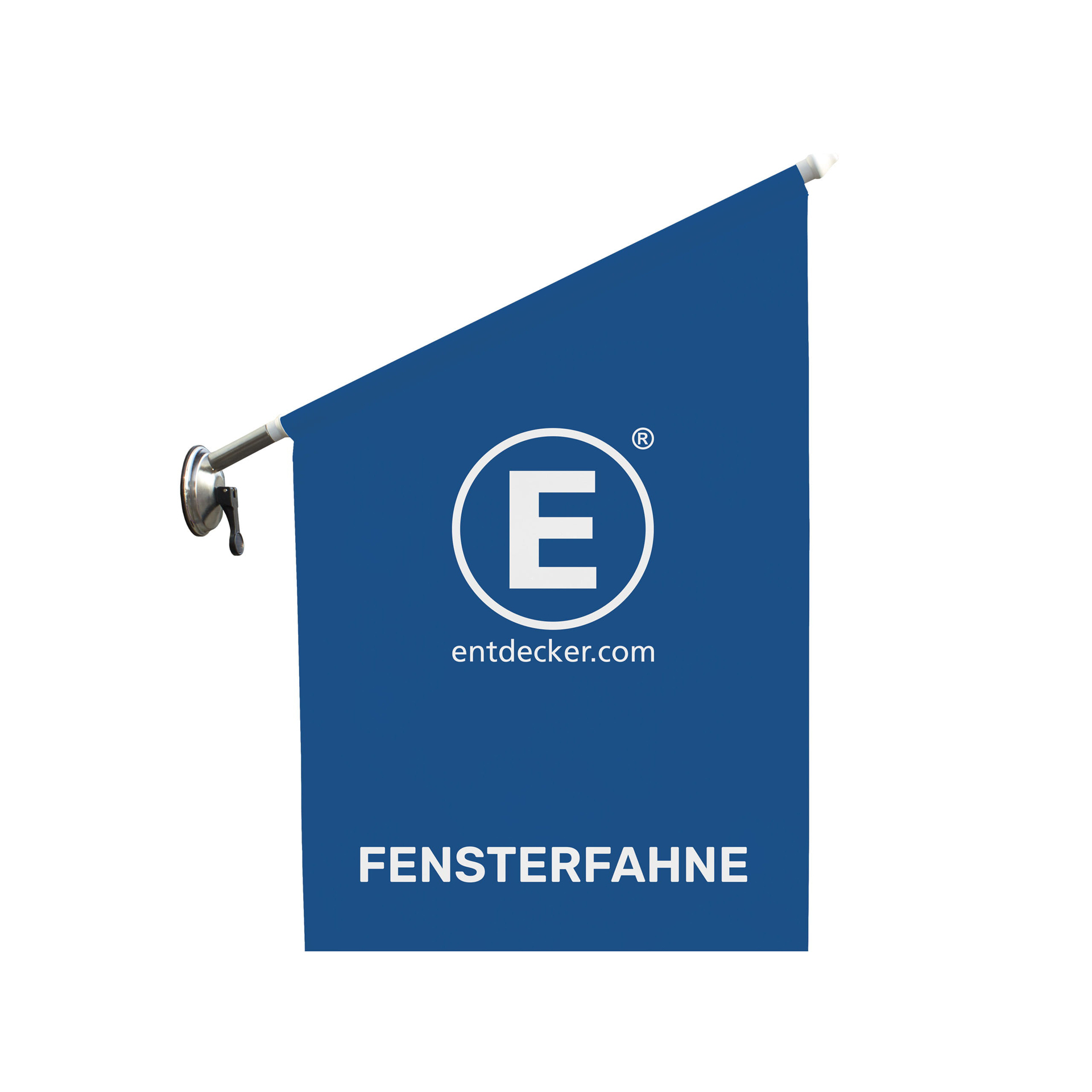 Fensterfahne in Blau mit dem Text FENSTERFAHNE und dem Logo von ENTDECKER.