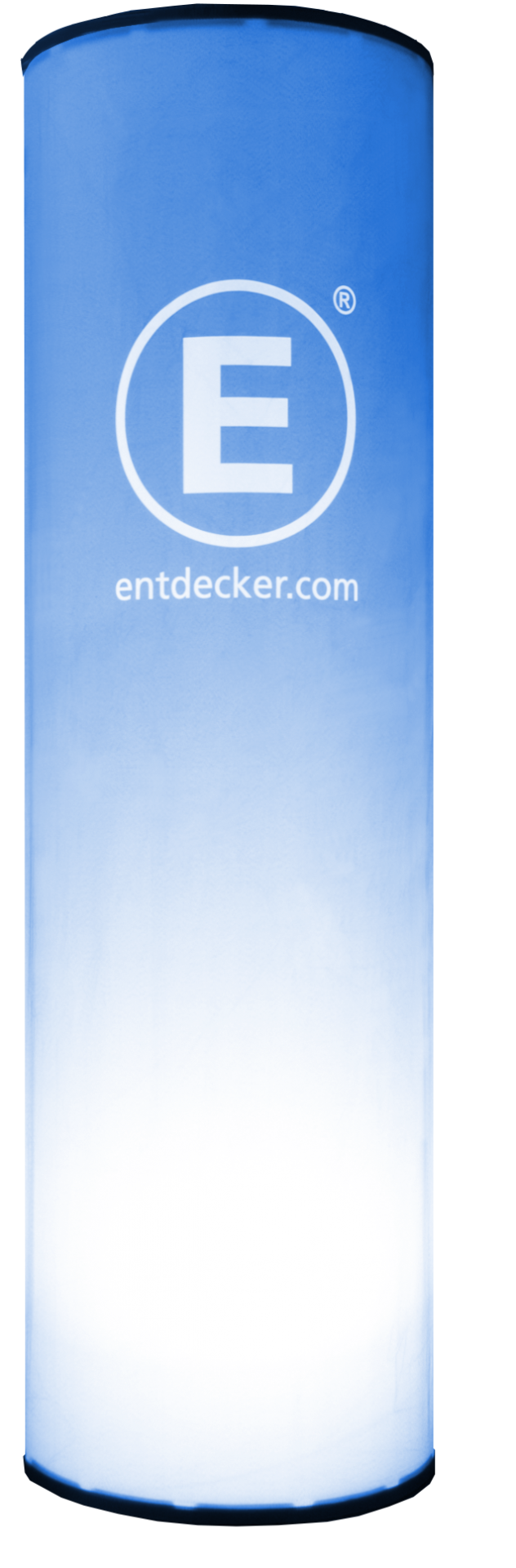 Beleuchteter Messestand mit runder Form, versehen mit dem Logo von ENTDECKER und einer blauen Farbverlauf-Hintergrund.