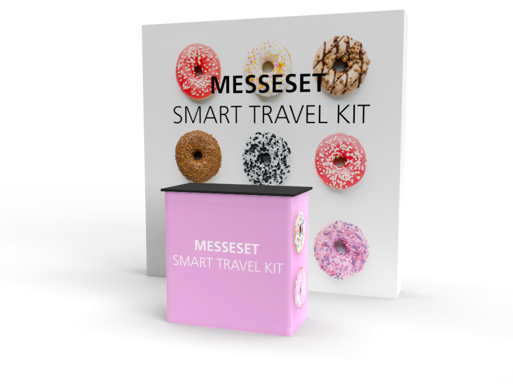 Messeset Smart Travel Kit mit einem rosa Stand und einem Hintergrund mit bunten Donuts.