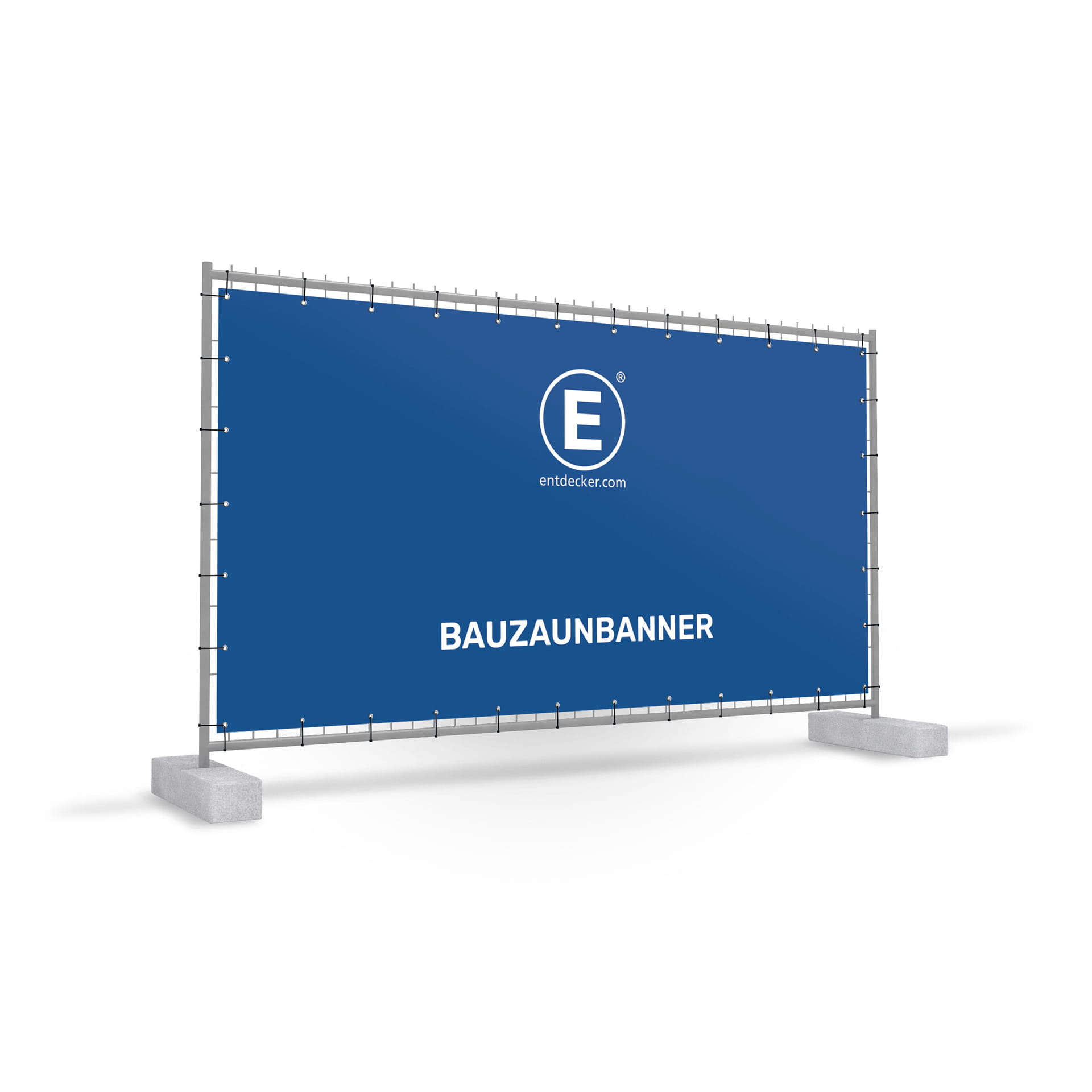 Bauzaunbanner in Blau mit weißem Text BAUZAUNBANNER und dem Logo von ENTDECKER.