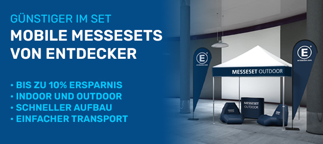 Mobile Messesets von ENTDECKER in einem Innenraum, mit einem Zelt und Sitzgelegenheiten, Informationen über Ersparnisse und Vorteile.