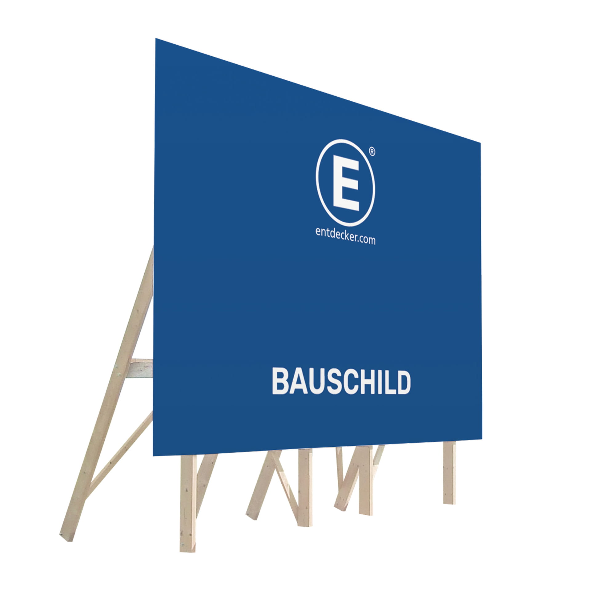 Bauschild in Blau mit der Aufschrift BAUSCHILD und dem Logo von ENTDECKER.