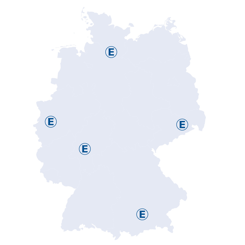 Karte von Deutschland mit markierten Serviceregionen für den Entdecker Key Account Manager.
