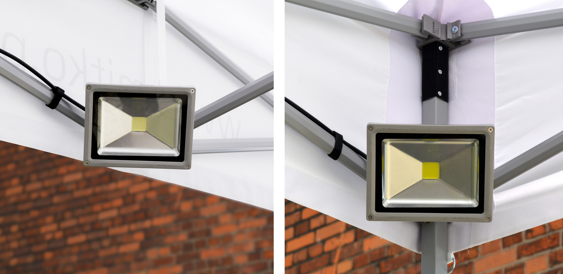 LED-Strahler mit silbernem Gehäuse und schwarzem Kabel, geeignet für Faltzelte.