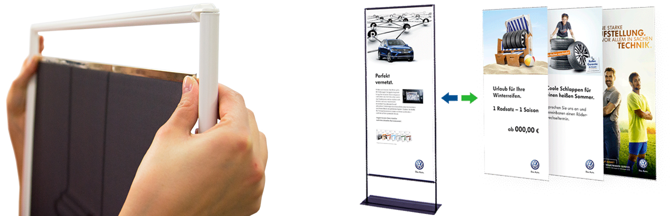 Roll Up Easymag Stand Banner von ENTDECKER, zeigt verschiedene Werbeinformationen und Grafiken.