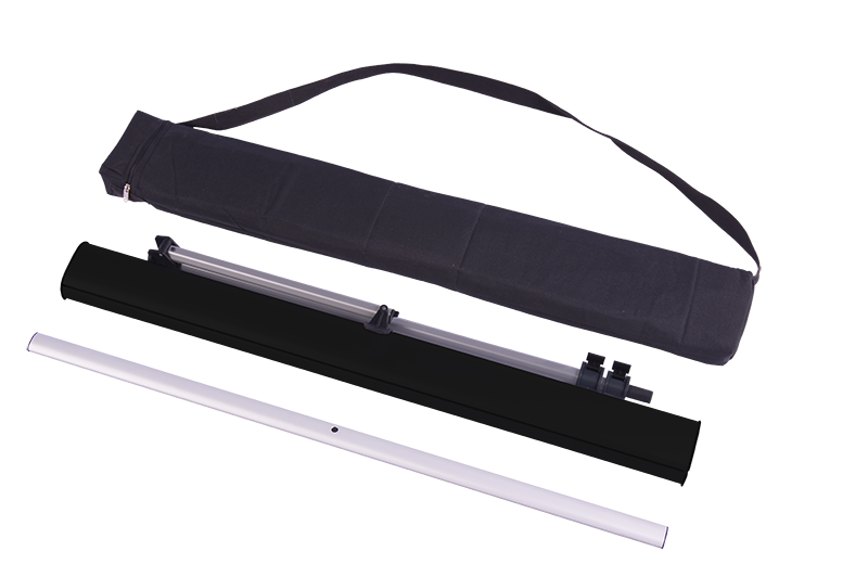 Transporttasche für Roll-Up-Displays, schwarz, mit verstellbarem Tragegurt und Aluminiumstange.