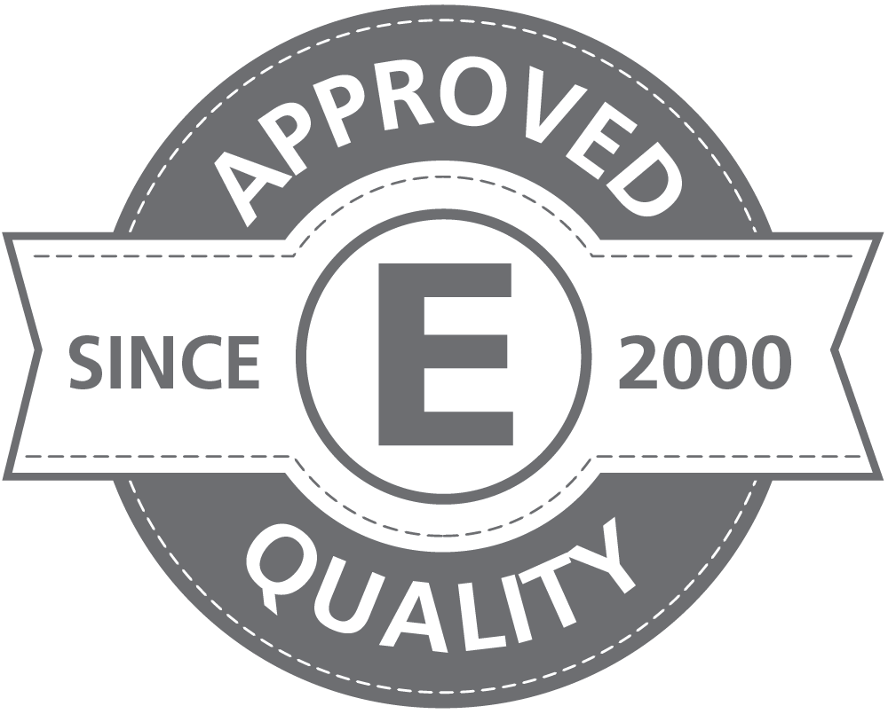 Siegel mit dem Text 'APPROVED QUALITY' und dem Jahr '2000' in der Mitte des Buchstabens 'E'.