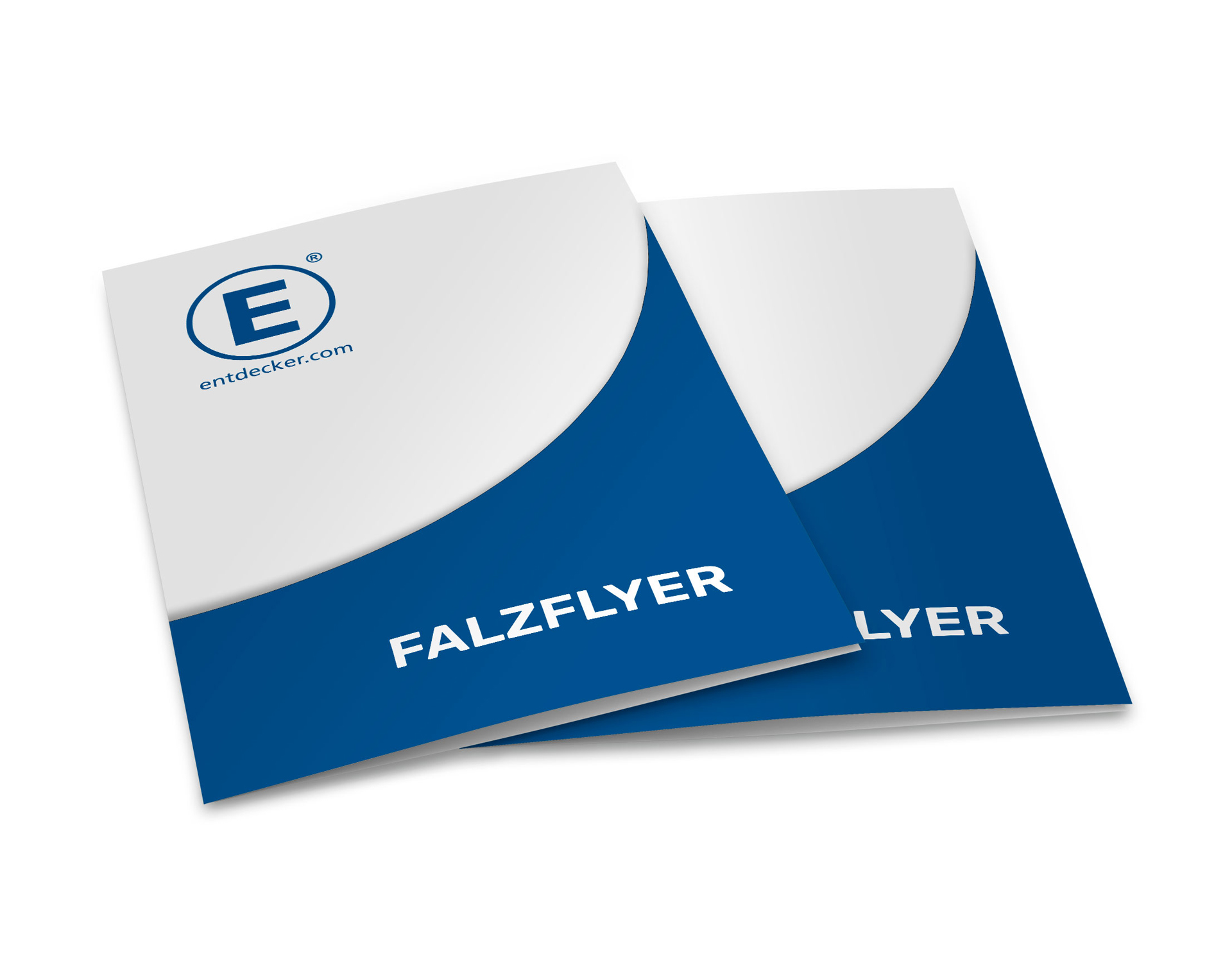 Falzflyer in Blau und Weiß mit dem Text FALZFLYER und dem Logo von ENTDECKER.