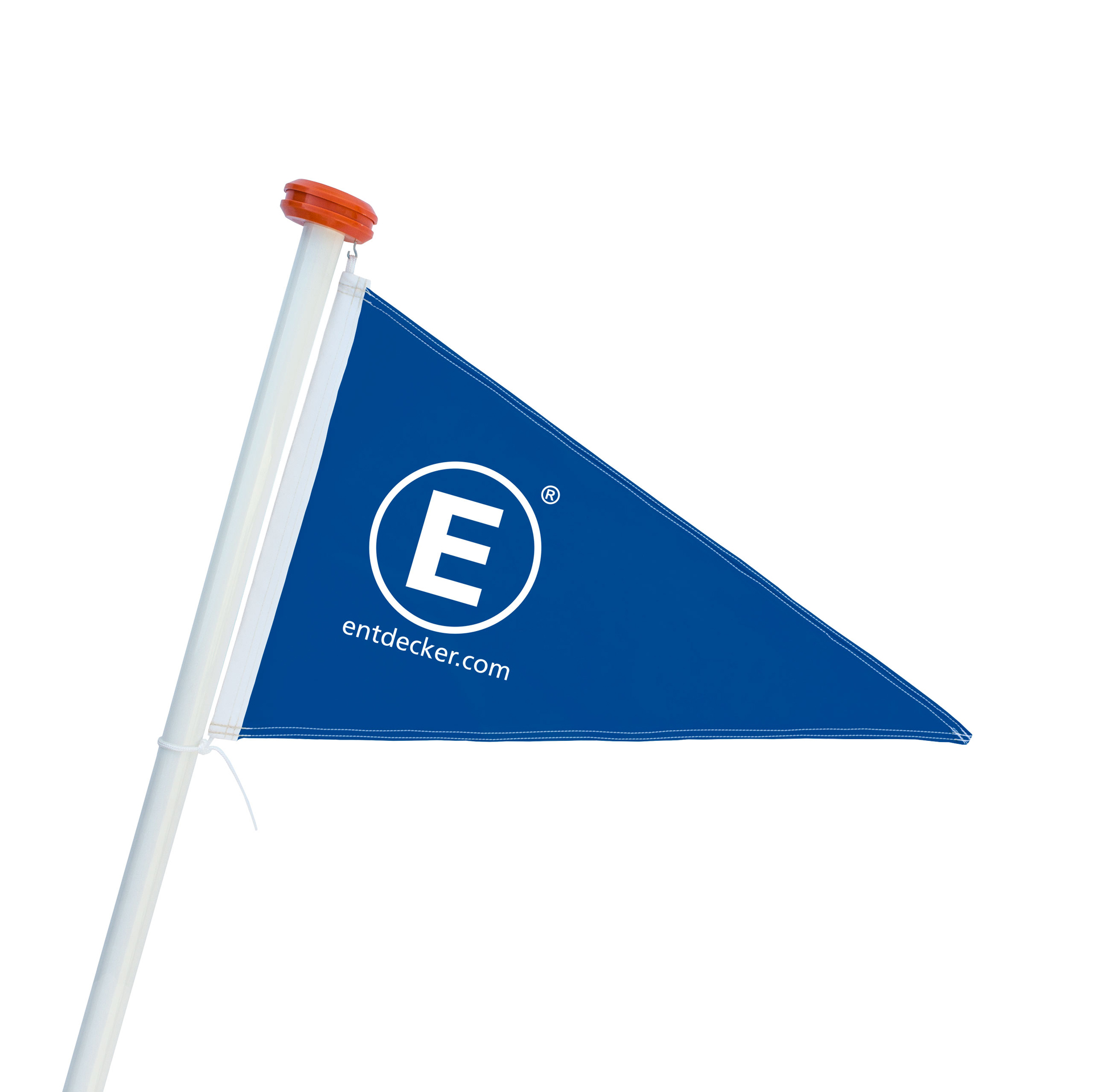 Blaue Bootsflagge mit dem Logo E und der Website entdecker.com auf einem weißen Mast.