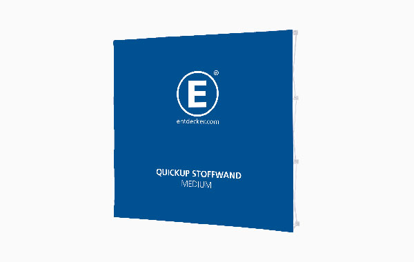 Quickup Stoffwand in blauer Farbe mit dem Text 'Quickup Stoffwand MEDIUM' und dem Logo von ENTDECKER.