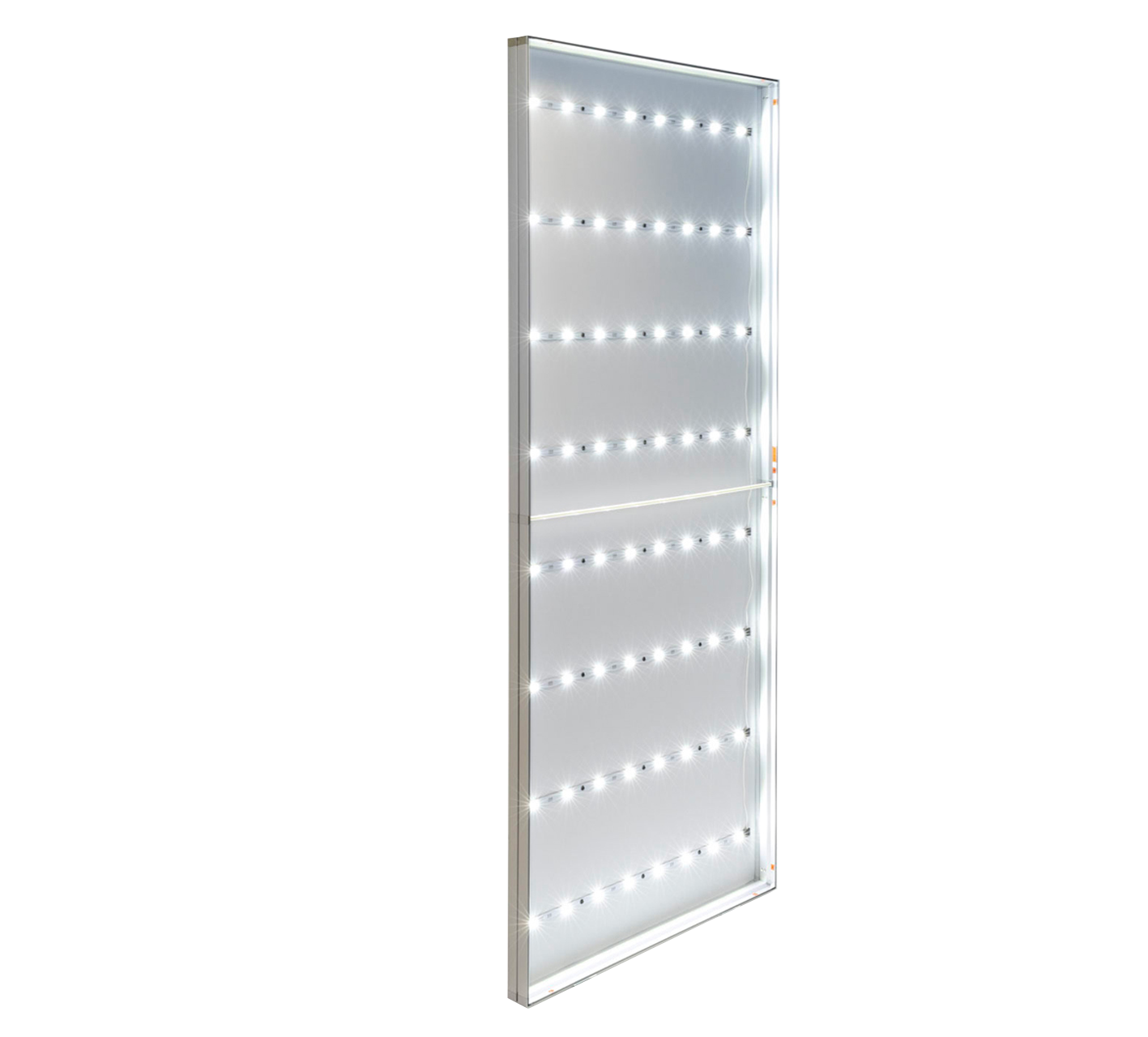 Led Textil Spannrahmen mit integrierten LED-Lichtern, rechteckige Form, helles Design.