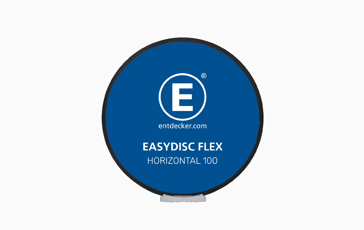 Werbedisplay Easydisc Befestigung Horizontal 100 Standard in Blau mit weißem Logo und Text.