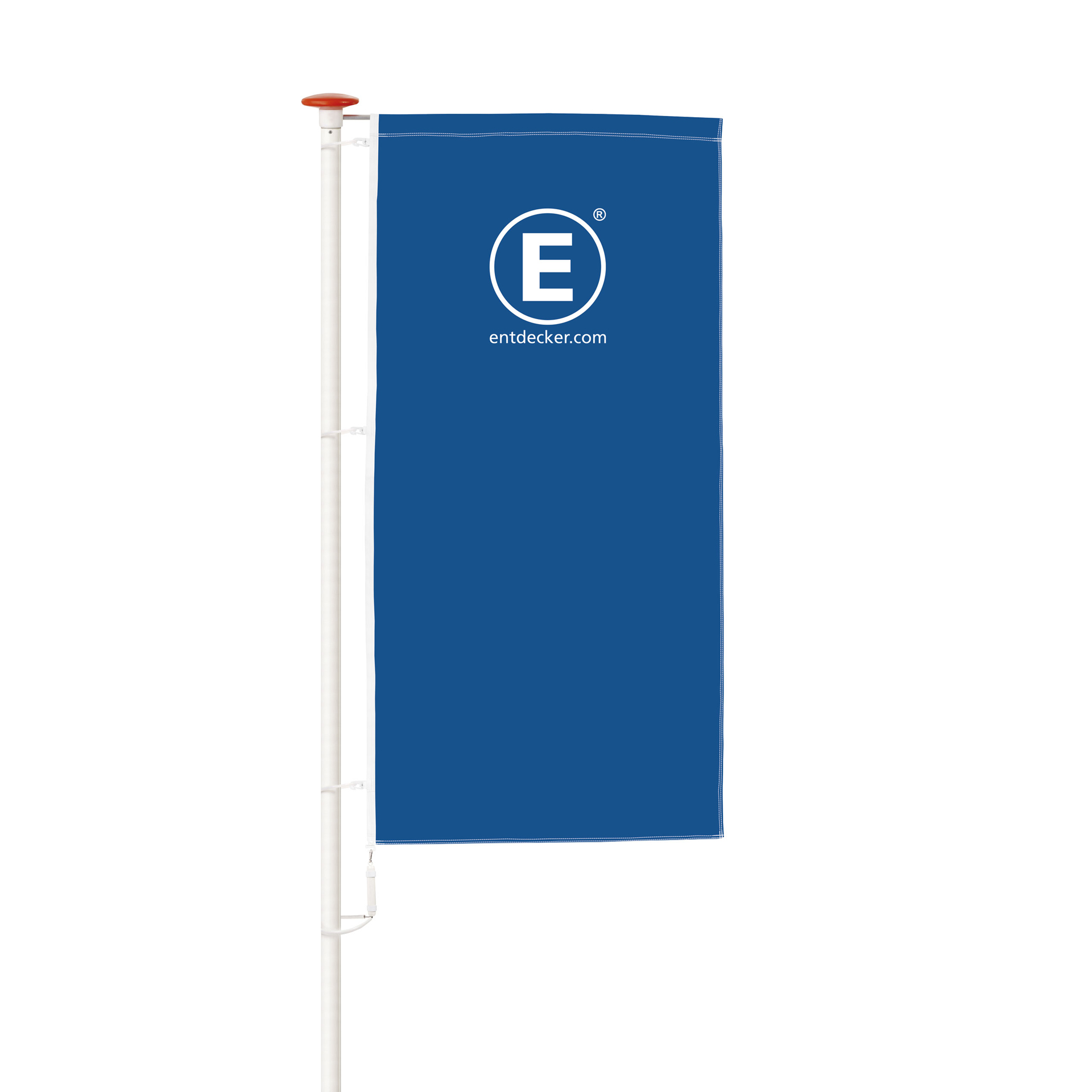 Hochformatige Fahne in Blau mit dem Logo von ENTDECKER und der Website entdecker.com.