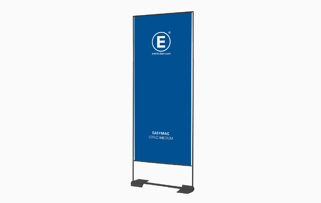 Easymag Größe Set 85X200 Wing in Schwarz, freistehender Werbestand mit blauer Grafik und dem Logo von ENTDECKER.