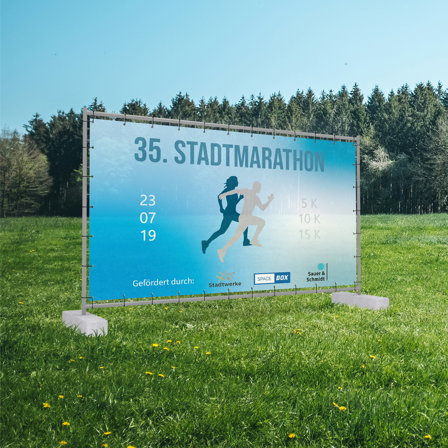 Bauzaunbanner für den 35. Stadtmarathon mit Angaben zu Distanzen: 5K, 10K, 15K und dem Datum 23.07.19.