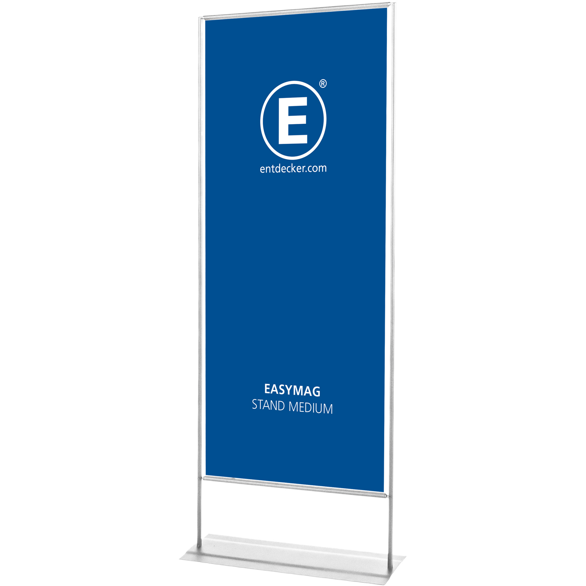 Zwei Easymag Ständer in verschiedenen Größen: links der Easymag Stand Small, rechts der Easymag Stand X-Large, beide mit blauer Oberfläche und dem Logo von ENTDECKER.