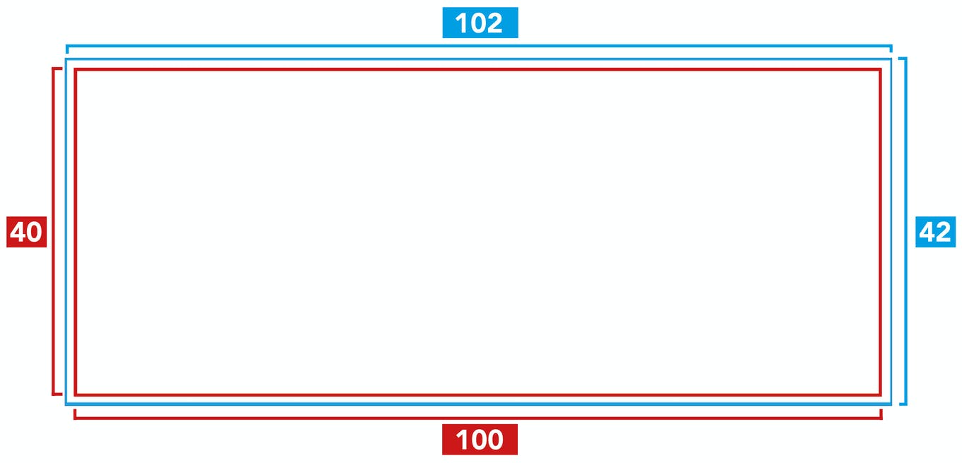 Diagramm zur Formatierung von Beschnitt bei Fräsbuchstaben mit Maßen: 102 mm, 100 mm, 42 mm, 40 mm.