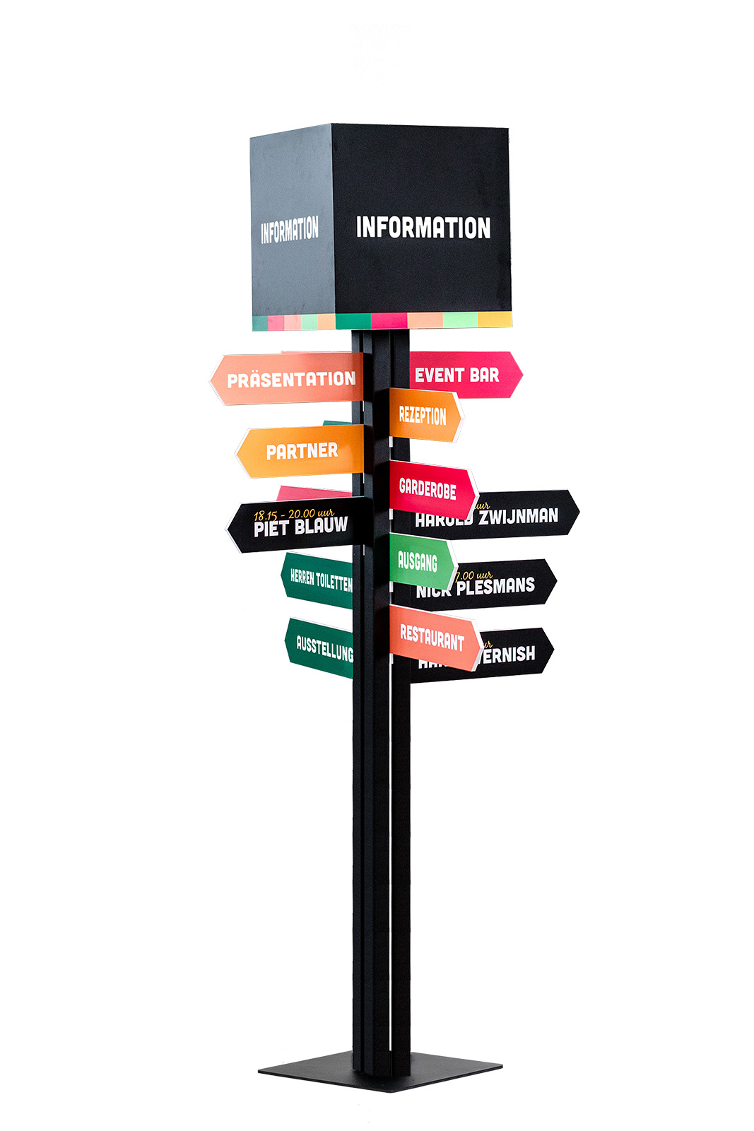 Wegweiser mit verschiedenen Richtungsanzeigen für Veranstaltungen, darunter 'Präsentation', 'Event Bar', 'Partner', 'Garderobe', 'Restaurant' und mehr.