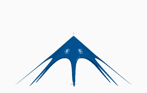 Sternzelt Größe 10X10 SP in Blau mit markanten, spitzen Formen und dem Logo von ENTDECKER.