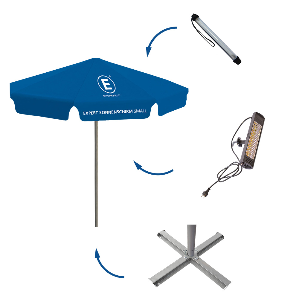 Produkt: Expert Sonnenschirm Zubehör, enthält einen blauen Sonnenschirm, einen Ständer, einen Heizstrahler und ein Kabel.