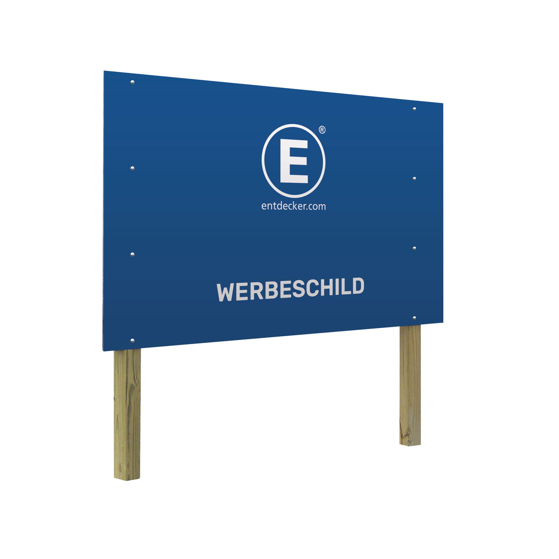 Blaues Werbeschild mit dem Text WERBESCHILD und dem Logo von ENTDECKER.