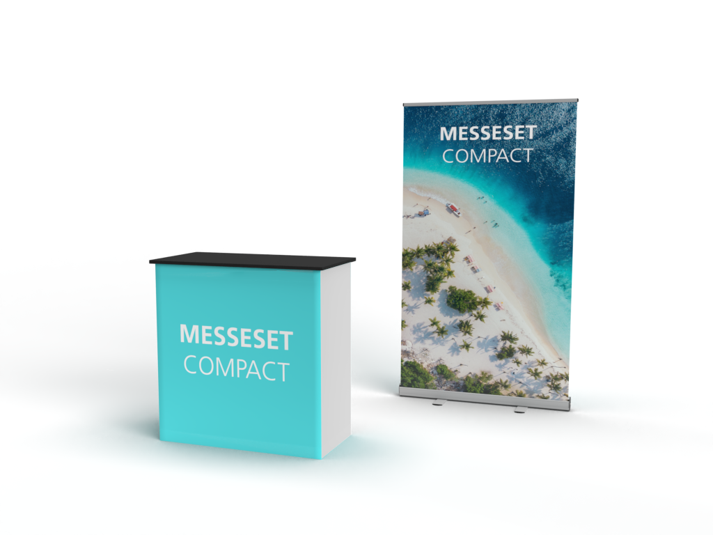 Messeset Compact von ENTDECKER, bestehend aus einem blauen Messetisch und einem Roll-Up Banner mit Strandmotiv.