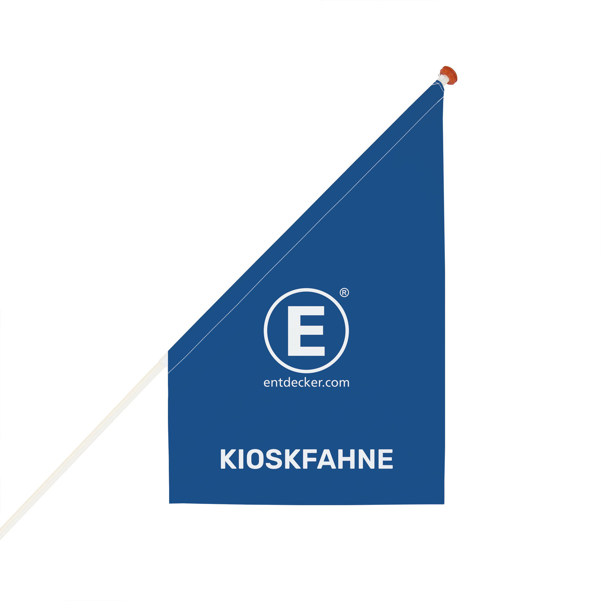 Blaue Kioskfahne mit dem Text KIOSKFAHNE und dem Logo von ENTDECKER.