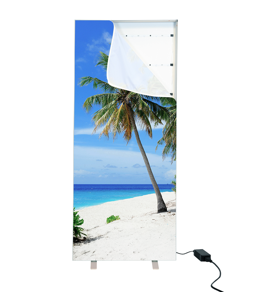Pop Up Led Rahmen mit einem Strandmotiv, Palmen und blauem Himmel.