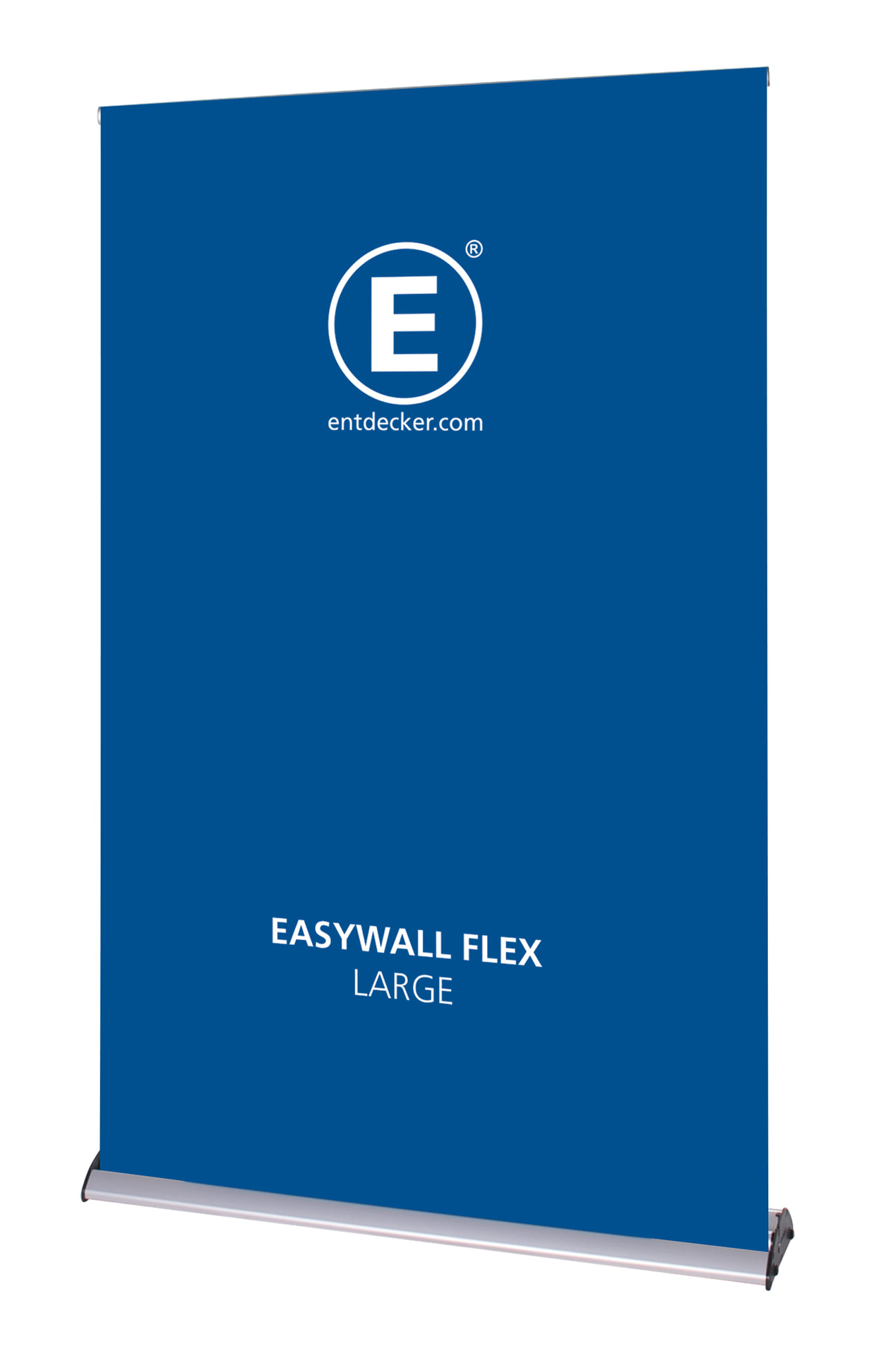 Zwei Roll-Up Banner des Produkts Easywall Flex, eines in der Größe Small und das andere in X-Large, beide in Blau mit dem Logo von ENTDECKER.