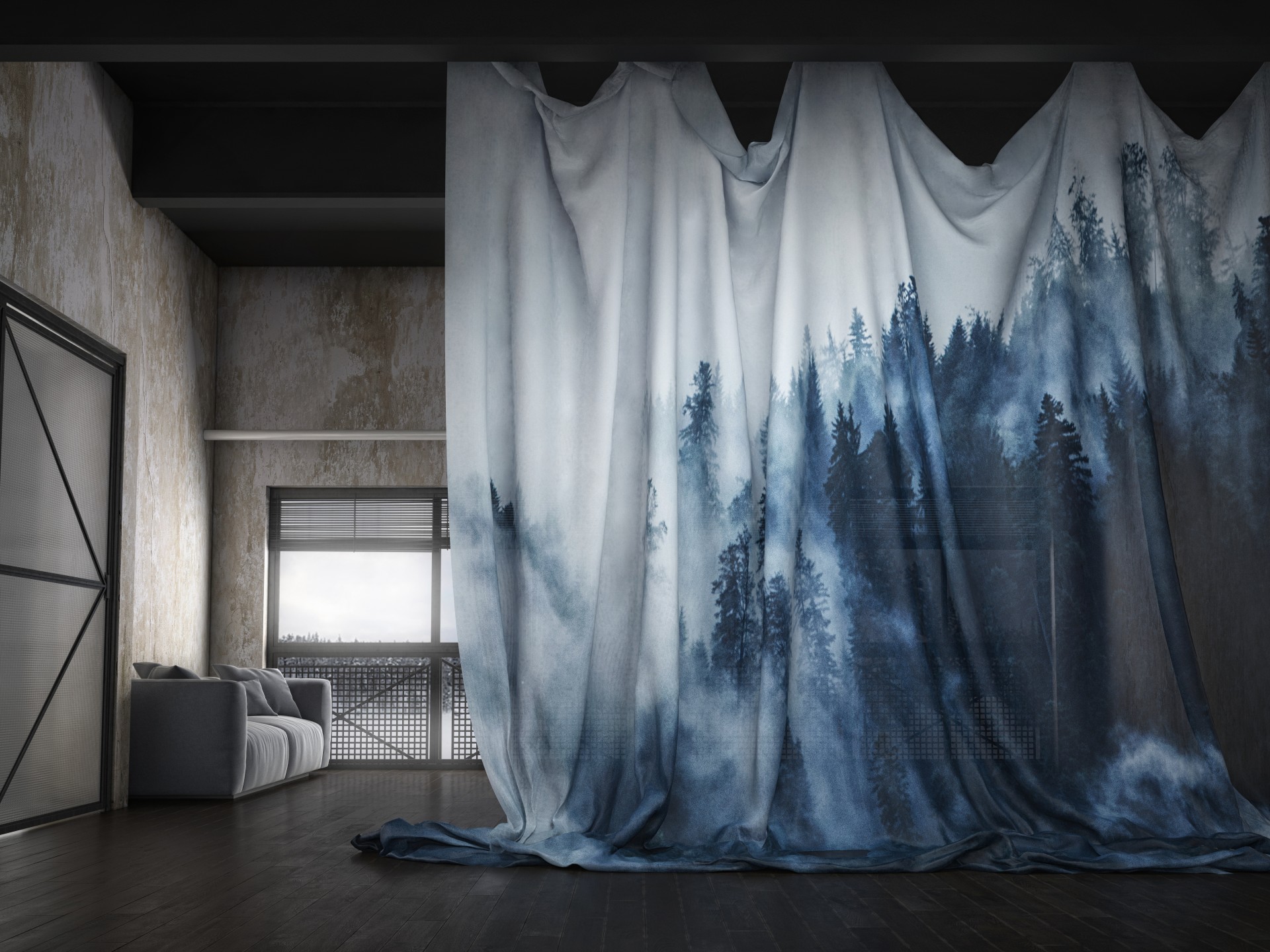 Raumteiler aus Stoff mit einem Waldmotiv in Blau- und Grautönen, aufgestellt in einem modernen Raum mit Fenster und Sofa.