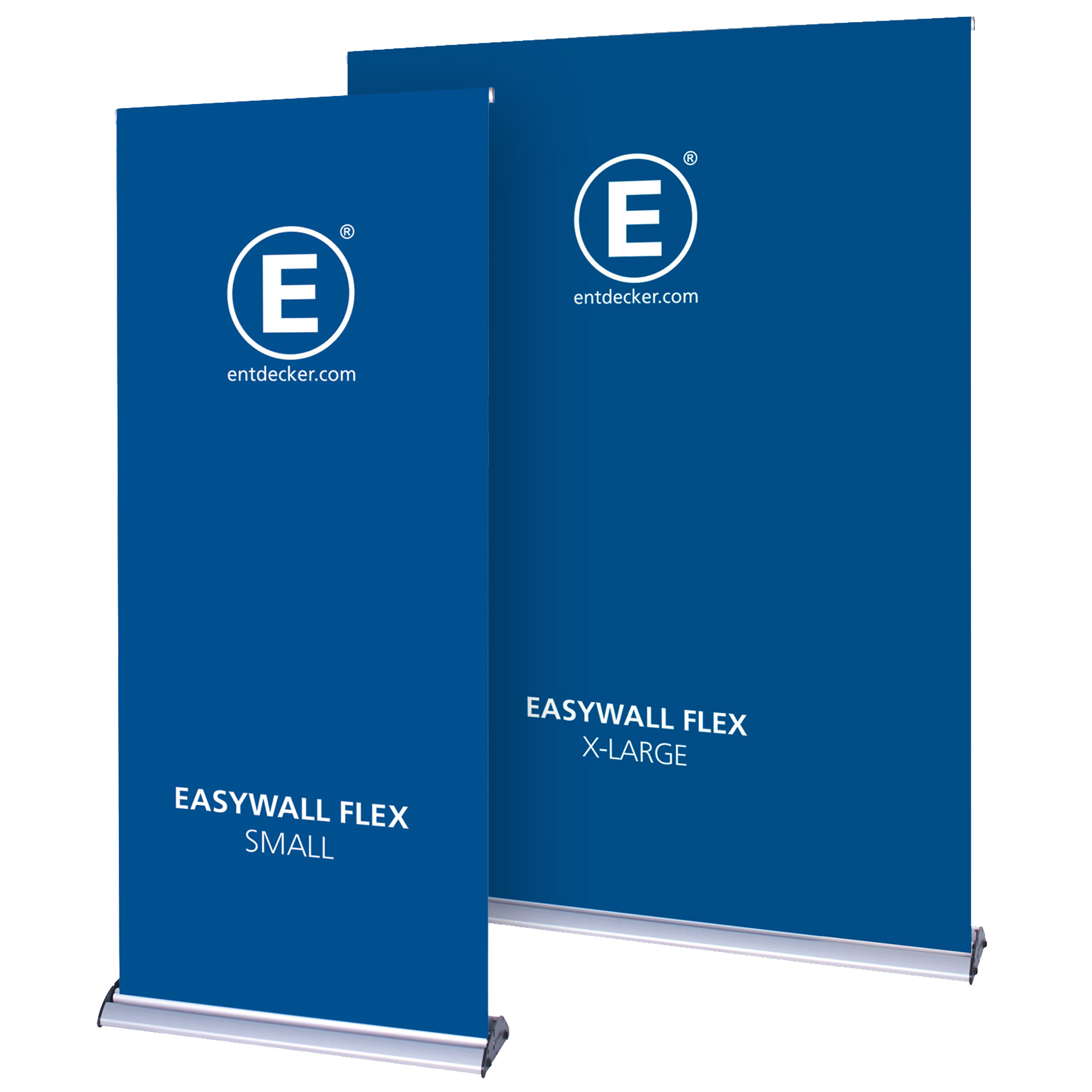 Zwei Roll-Up Banner des Produkts Easywall Flex, eines in der Größe Small und das andere in X-Large, beide in Blau mit dem Logo von ENTDECKER.