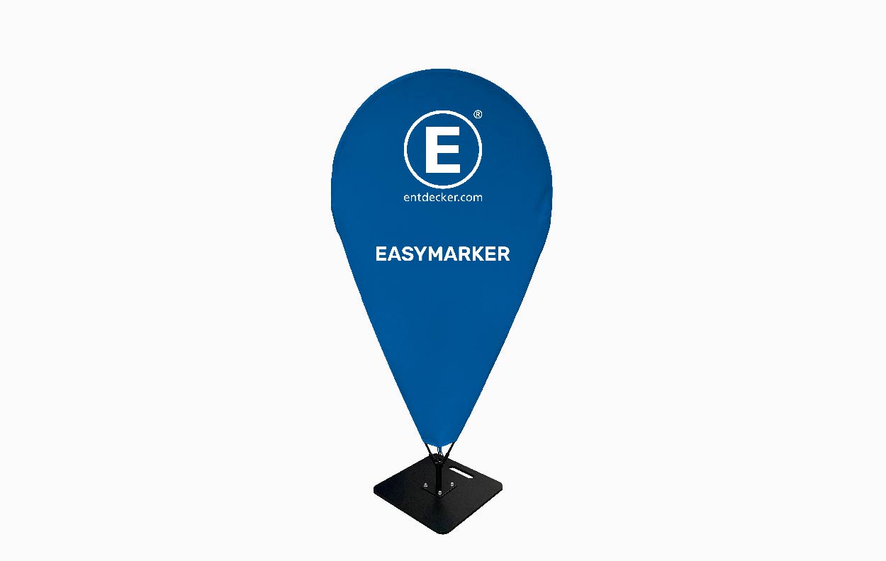 Easymarker Ausführung Set von ENTDECKER, blaues Wimpel-Design mit Logo und Website.