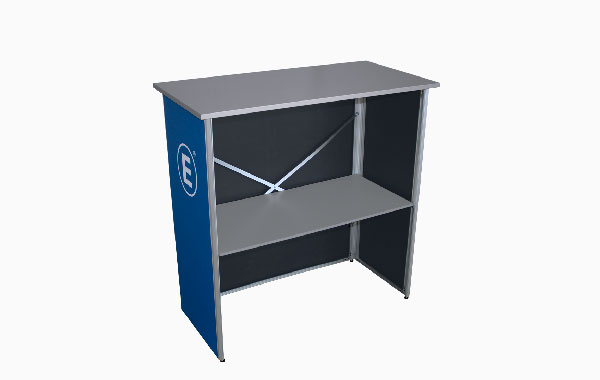 Quickup Klapptheke in Grau mit einer stabilen Thekenplatte und einem offenen Regal.