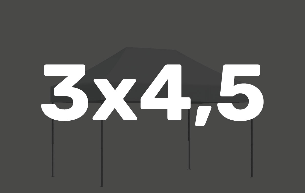 Gewichtssets für Zeltgröße 3x4,5, dargestellt mit einer schematischen Zeltgrafik.