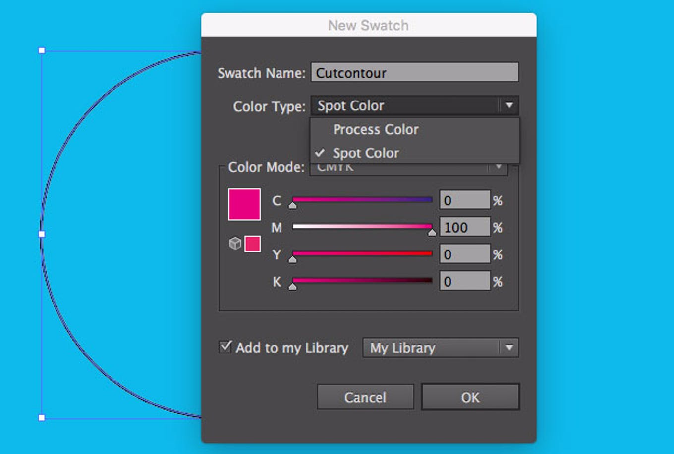 Screenshot Illustrator mit Kontur eingefärbt in Sonderfarbe